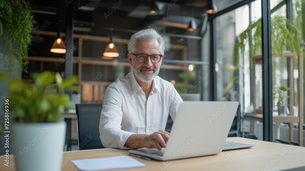 Businessman using laptop computer in office. Happy middle aged man, entrepreneur, small business owner working online Businessman using laptop computer in office. Happy middle aged man, entrepreneur, small business owner working online
