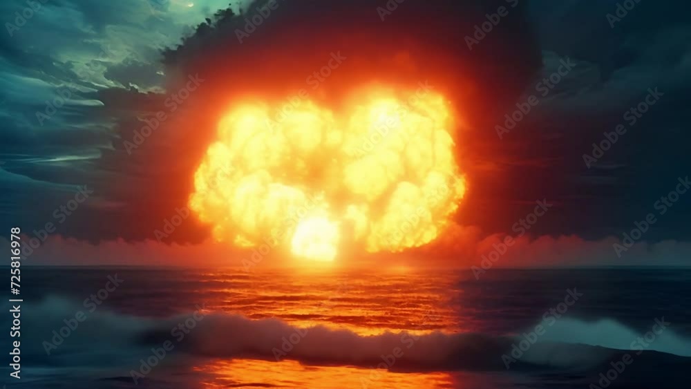 Powerful nuclear explosion in the ocean bomb with radioactive mushroom cloud and fire. Radiation and disaster. World War