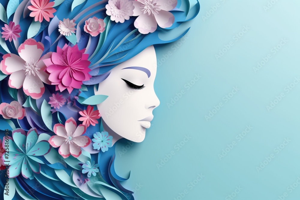 woman face with flowers in paper art style
