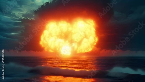 Powerful nuclear explosion in the ocean bomb with radioactive mushroom cloud and fire. Radiation and disaster. World War photo
