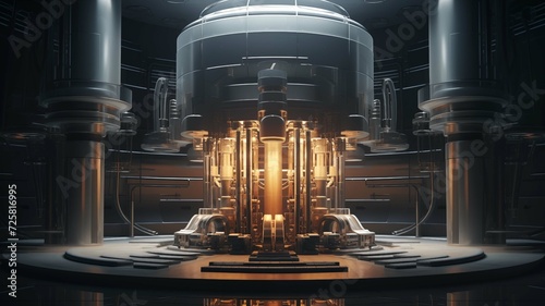 A futuristic nuclear reactor core glows with energy within a complex array of machinery and containment structures photo
