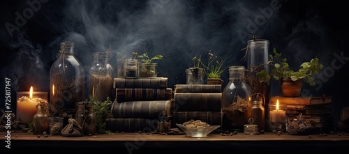 herbs in bottles and books