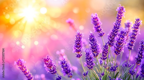 Lavender flower field background. Glade with purple flowers and green grass. Illustration for banner, poster, cover or presentation. © Login