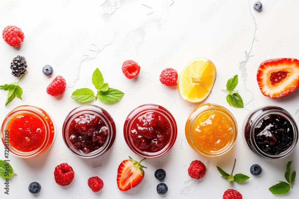 Various homemade summer berry and fruit jams in small jars on a white background with room to copy - obrazy, fototapety, plakaty 