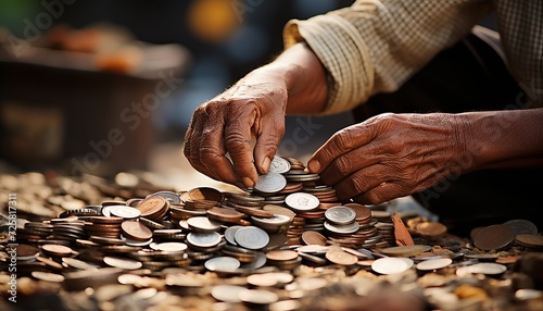Elderly person s hands holding coins, symbolizing poverty and financial scarcity