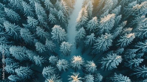 Aerial view from top to bottom of beautiful tree tops of winter forest. Frosty spruce trees covered with snow. Frozen tree tops. Natural background. Illustration for cover, interior design, decor, etc