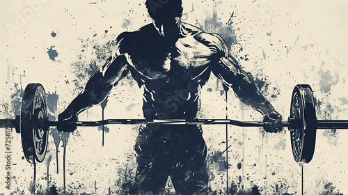 A strong athlete with large textured muscles holds a barbell with small metal pancakes. Graffiti-style digital art with paint splatters. Illustration for cover, card, interior design, brochure, etc.