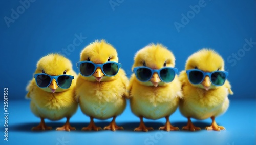 Four fanny yellow chicks with blue sunglasses bang, studio blue background. Easter card. Easter concept Illustration. Generative AI