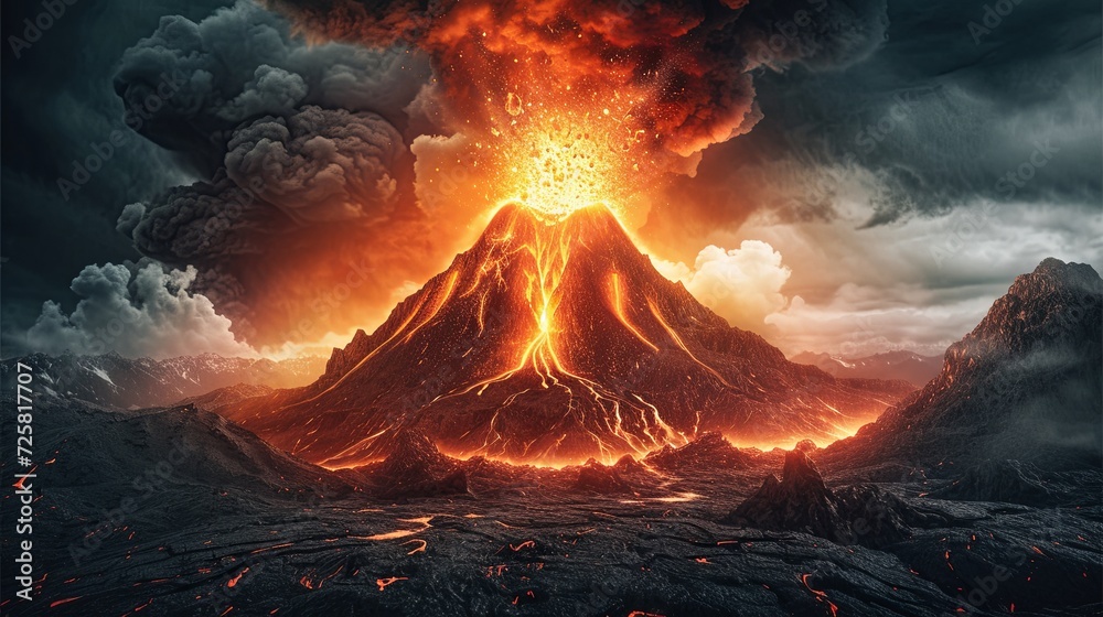 Volcanic eruption with the release of volcanic ash. Flowing lava from a active volcano. Nature disaster. Apocalypse background. Illustration for cover, card, postcard, interior design, decor or print.