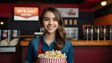 Smiling young woman working at a movie theater cafeteria holding a box of popcorn
