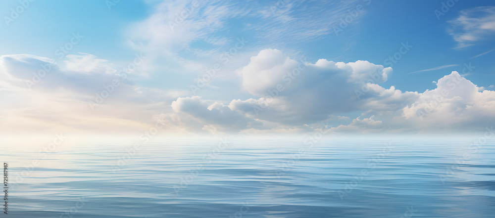 A wide horizon reveals the meeting of sky and sea in view a tropical beaches panorama , clouds in sky , sunlight 
