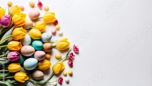 Top view of mockup with free space. Easter quail colorful eggs and springtime flowers as tulips and daffodils over white background. Spring holidays concept with copy space. Generative Ai #725817968