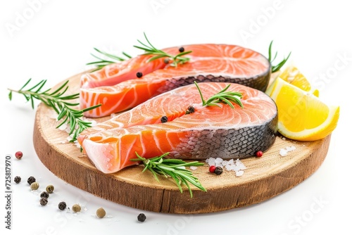 White background salmon slices with clipping path red fish cubes with rosemary and peppercorns sushi or salad ingredient