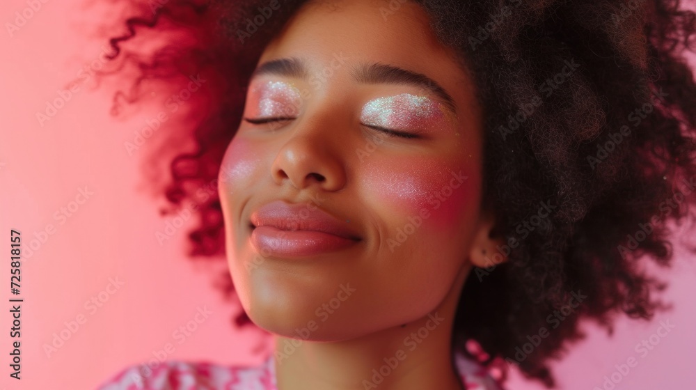 Closeup beauty shot of a happy Afro woman in pastel attire, adorned with vibrant glitter makeup, posing against a soft pastel background.