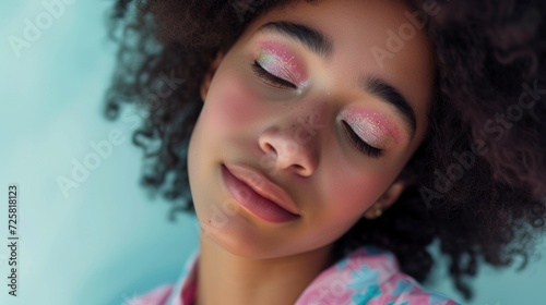 Closeup beauty shot featuring a radiant young woman with an afro, pastel-clad and glittering.