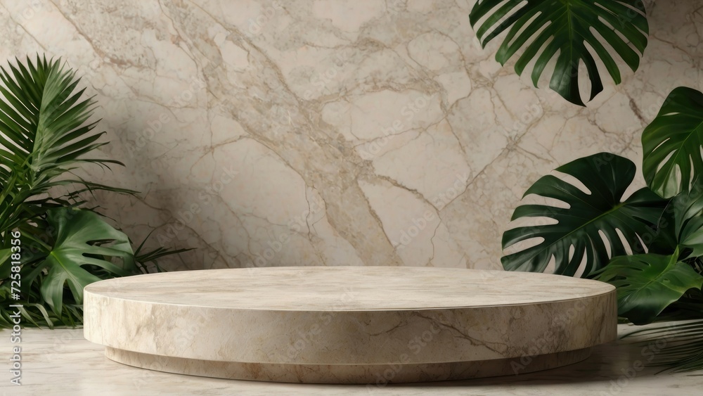 Obraz premium Cosmetics product advertising podium stand with tropical leaves background. Empty natural stone pedestal platform to display beauty product. Mockup. generative, ai. 