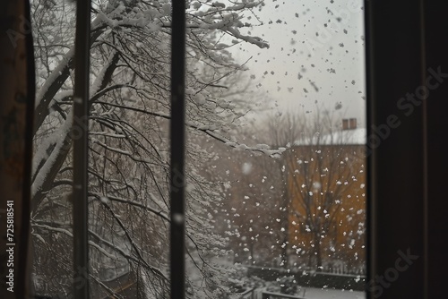 Winter scenery captured through a cloudy window Winter photography