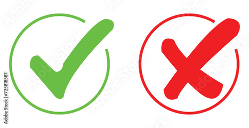 Yes and No or Right and Wrong or Approved and Declined Round Icons with Green Check Mark and Red X Cross Sign. Vector illustration. EPS FILE 23.