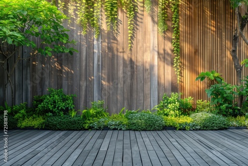 Wooden fence cladding decking garden greenery backdrop
