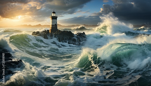 Giant offshore wind turbine plant resiliently harnessing energy amidst turbulent stormy ocean waves