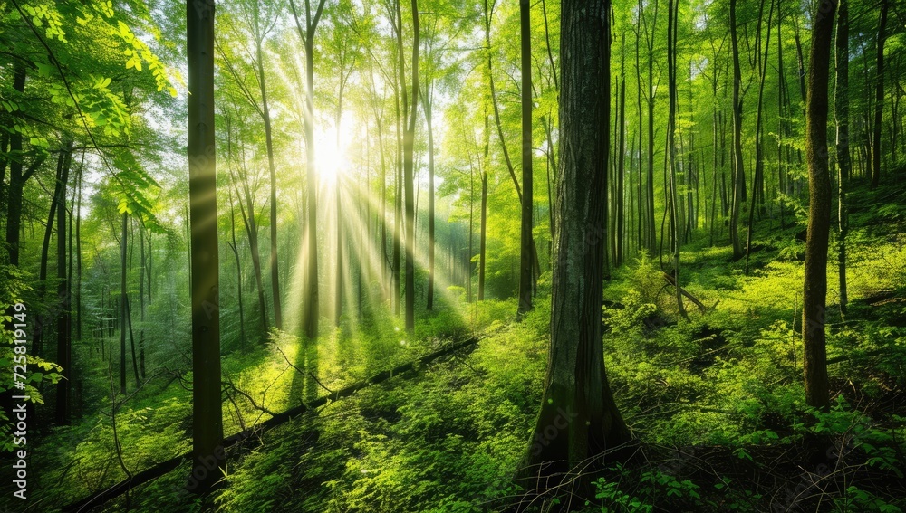 Morning Sunrays Illuminating Green Forest