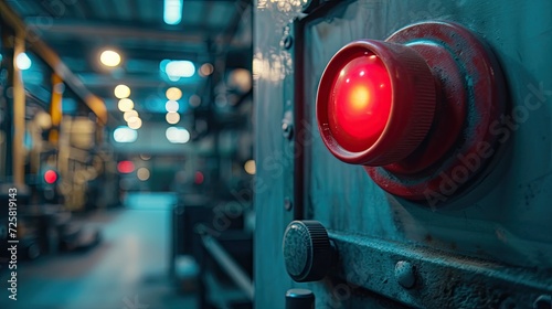 A big red emergency stop button for manual pressing, emphasizing safety measures and industrial equipment control with a red light at the factory