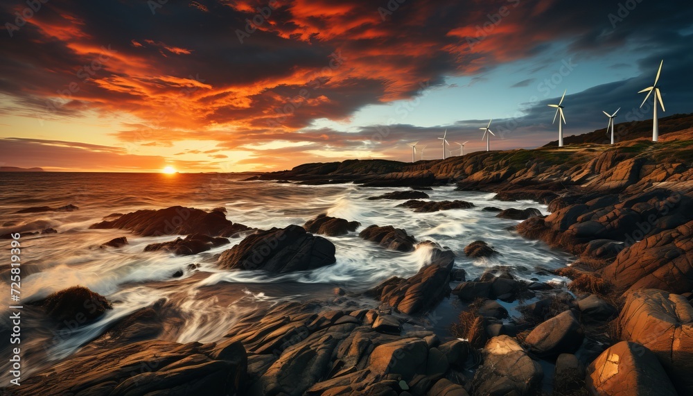 Offshore wind turbines in stormy ocean with dark clouds and rough seas, renewable energy concept