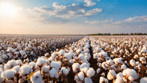 Cotton farm during harvest season. Field of cotton plants with white bolls. Sustainable and eco-friendly practice on a cotton farm. Organic farming. Raw material for textile industry.  generative, ai. photo