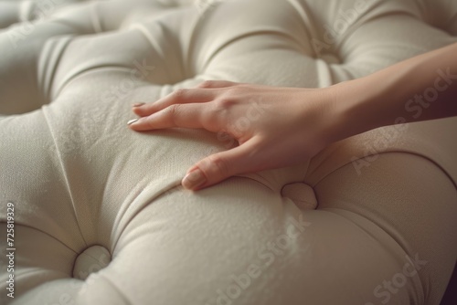 Young woman testing softness and hardness of beige sofa seat Selecting highest quality Closeup
