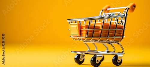 Shopping cart with products on yellow background for promotional advertisement with copy space