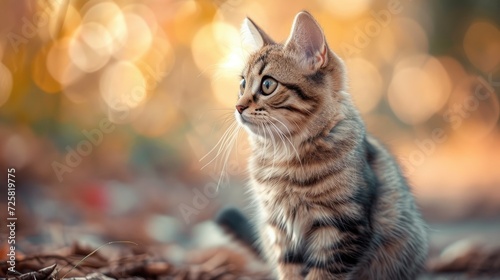 Close-up portrait of a Munchkin cat sitting down, looking around with a captivating background