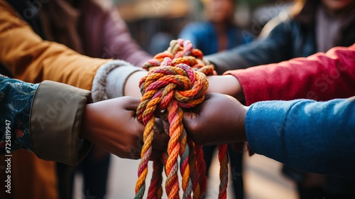 Vibrant diverse team ropes unite for powerful partnership, support, and communication.