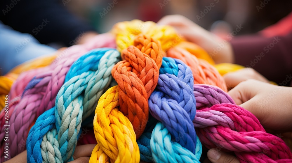 Diverse team strength in unity, support through network integration on braid background Diverse team strength in unity, support through network integration on braid background