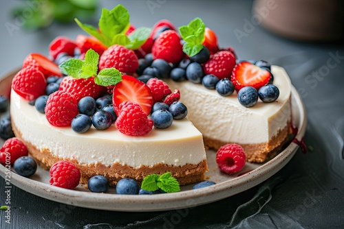 Healthy organic summer dessert pie cheesecake with fresh berries and mint
