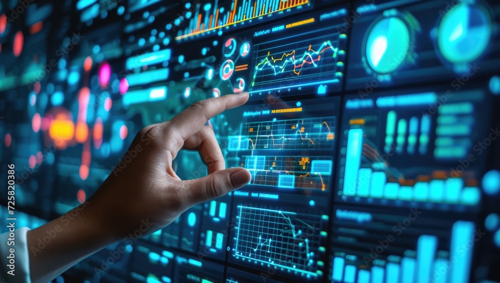 Businesswoman analyzing interactive forex chart display Businesswoman analyzing interactive forex chart display