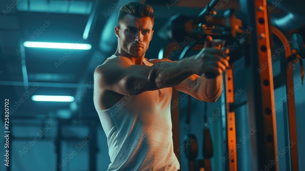 A man in a white tank top exercising on a machine. Suitable for fitness and exercise-related themes A man in a white tank top exercising on a machine. Suitable for fitness and exercise-related themes