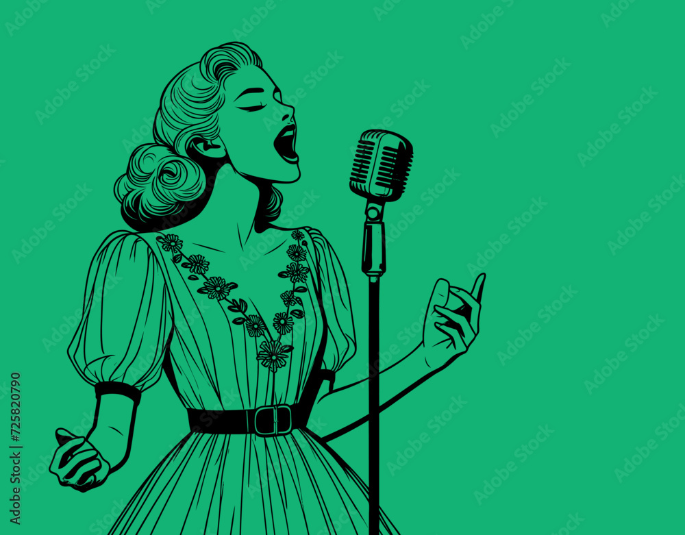Dessin au trait - Personnage années folles - 1920 - Femme artiste blanche qui chante au micro