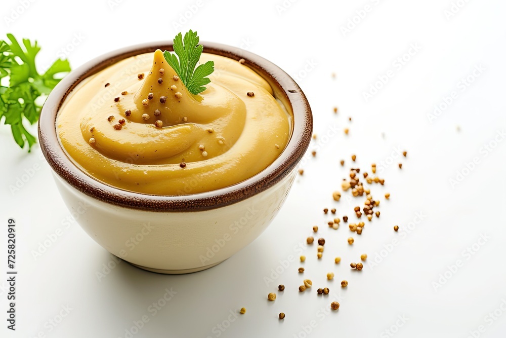 Isolated mustard sauce in a ceramic bowl on a white background Isolated mustard sauce in a ceramic bowl on a white background