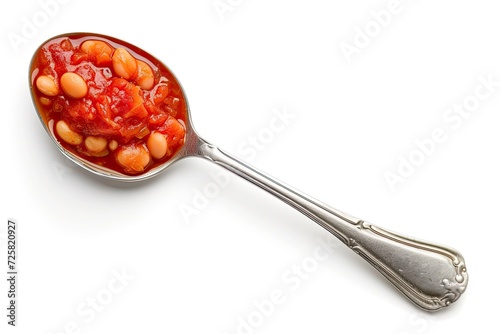 Isolated metal spoon with baked beans in tomato sauce on a white background