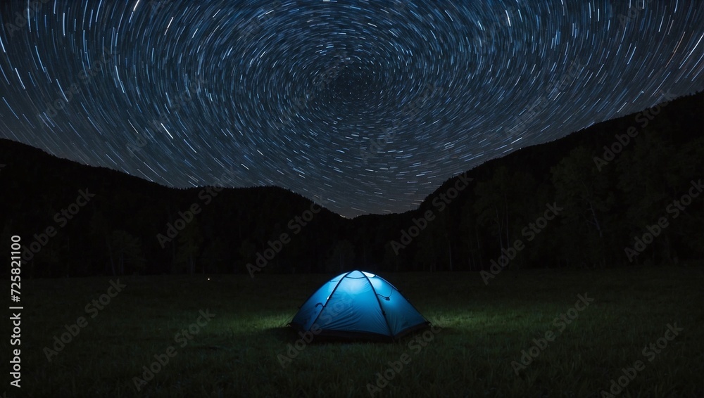 landscape starry night and shooting. camp in top mountains - obrazy, fototapety, plakaty 