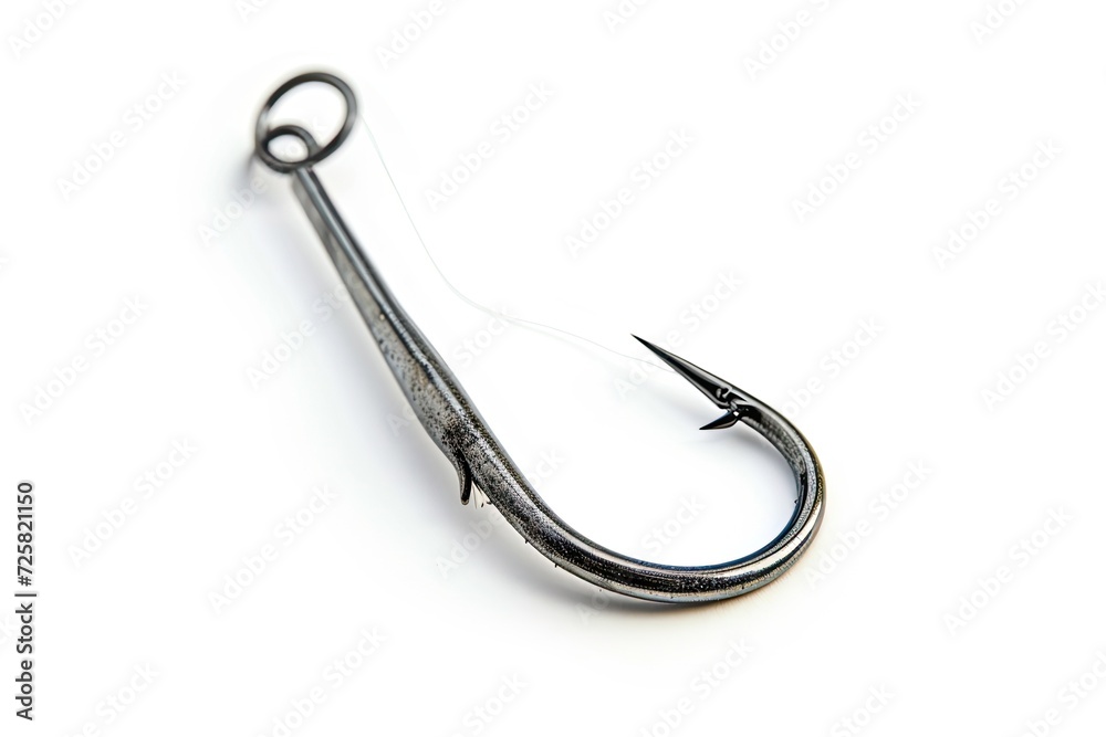 Isolated white side view of empty steel fishing hook on line