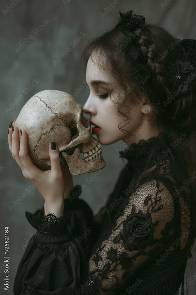 Naklejka premium Gothic girl holding the skull with both hands,face the skull,side view 