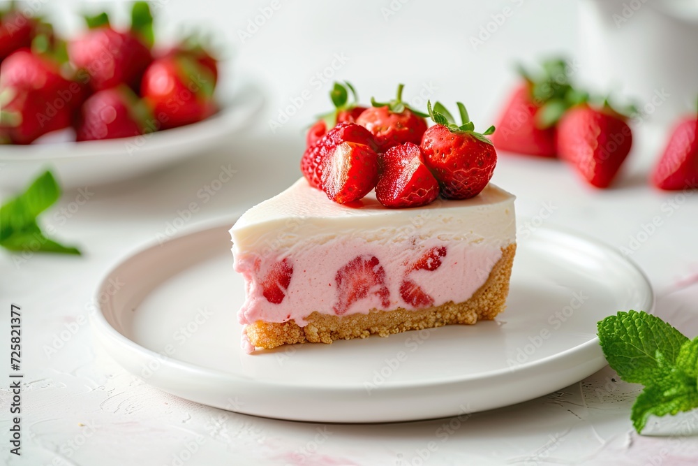 Selective focus square image of strawberry cheesecake on white background Selective focus square image of strawberry cheesecake on white background