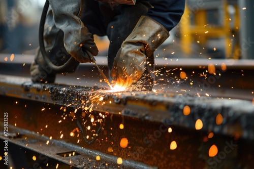 A man is welding metal on a rail, creating sparks. This image can be used to depict industrial work or construction projects photo
