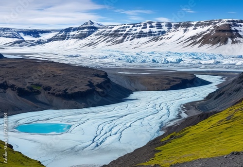 Breathtaking view of Skaftafellsjokull glacier tongue and volcanic mountains around on South Iceland. Location Skaftafell National Park, Skaftafellsjokull glacier, Iceland, Europe.
 photo