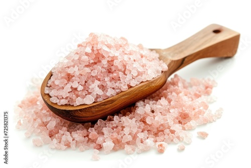 Selective focus or blurry image of pink salt in a scoop on white background photo