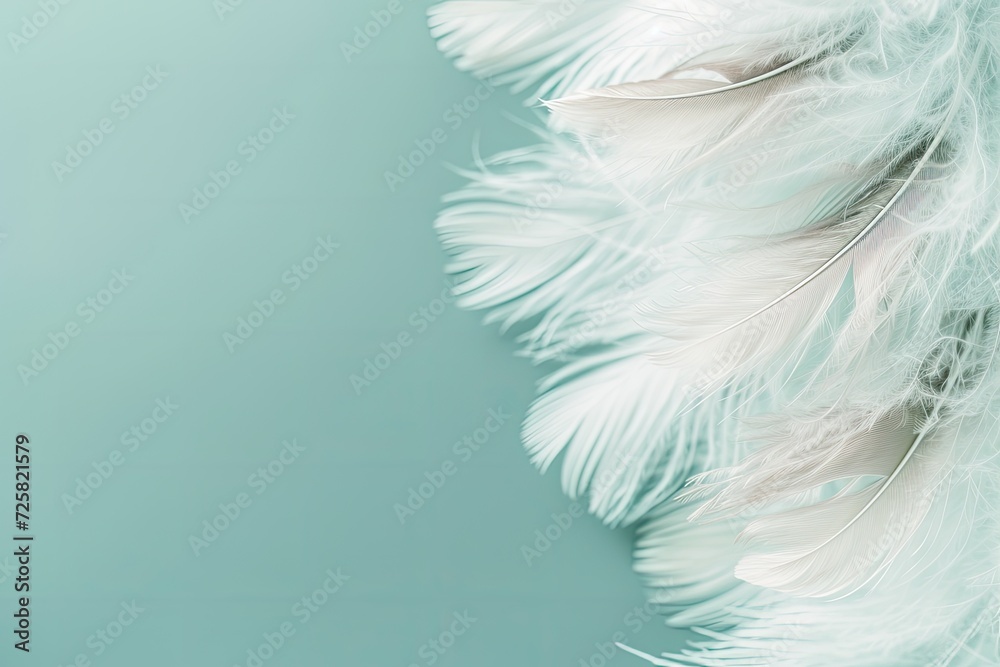 Soft focus fashion color trends for spring summer 2016 Pale teal blue background with white fluffy feathers - obrazy, fototapety, plakaty 