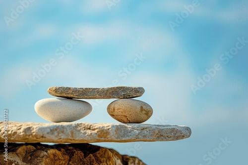 Stones balanced against blue sky space to weigh pros and cons photo