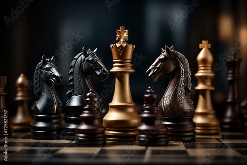 A diverse set of chess pieces, each with their own unique style and intricate details, set against a dark and moody background.  photo