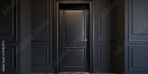 A door in a dark room with black walls. Can be used to depict mystery or suspense